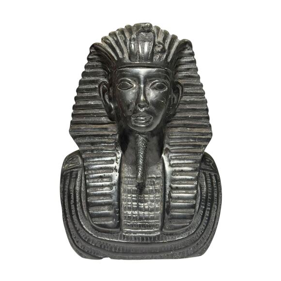 Egyptian King Tut Queen Nefertiti Bust Set Carved Stone Hieroglyphic Black Decor - Picture 2 of 16